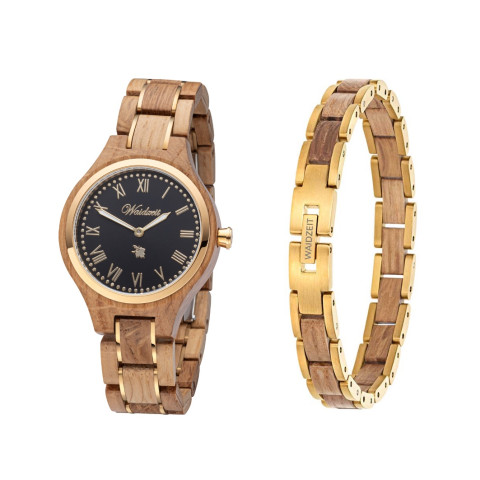  Set: Damenuhr Weinprinzessin Noir + Elementarmband Damen Barrique Gold #1