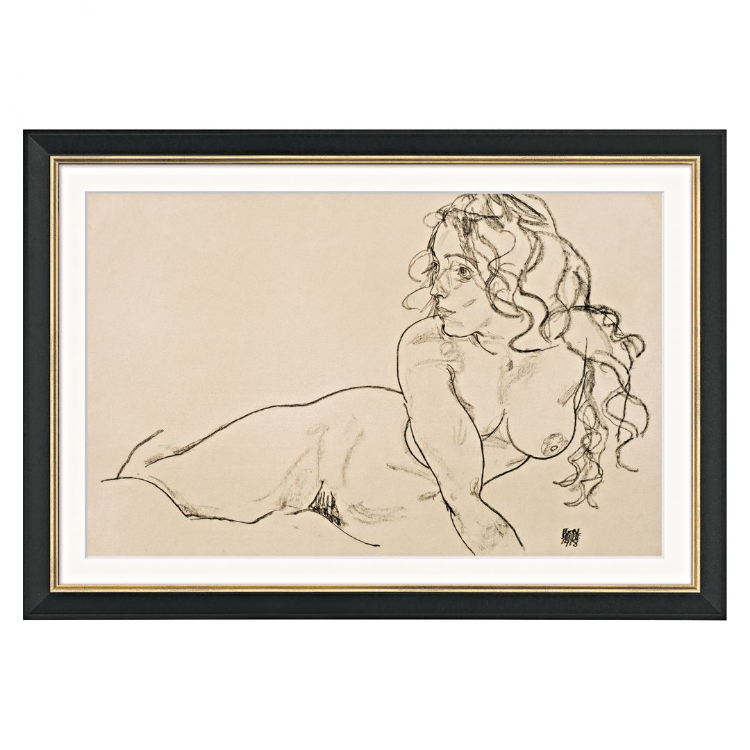 Egon Schiele: Bild Sich aufstützender weiblicher Akt mit langem Haar (1918) 