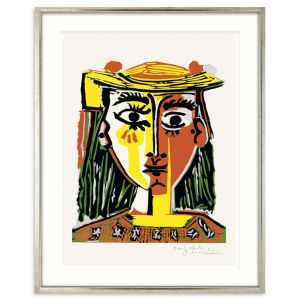 Pablo Picasso: Portrait einer Frau mit Pompom-Hut und einer bedruckten Bluse 