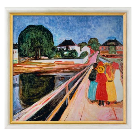 Edvard Munch: Bild "Mädchengruppe auf einer Brücke" (1902), weiß-gold gerahmt 